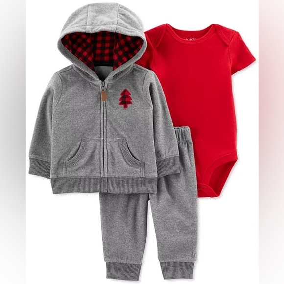 Carter's Other - Carters 3 Piece Buffalo Plaid Christmas Bodysuit Fleece Zip Hoodie & Pants NEW